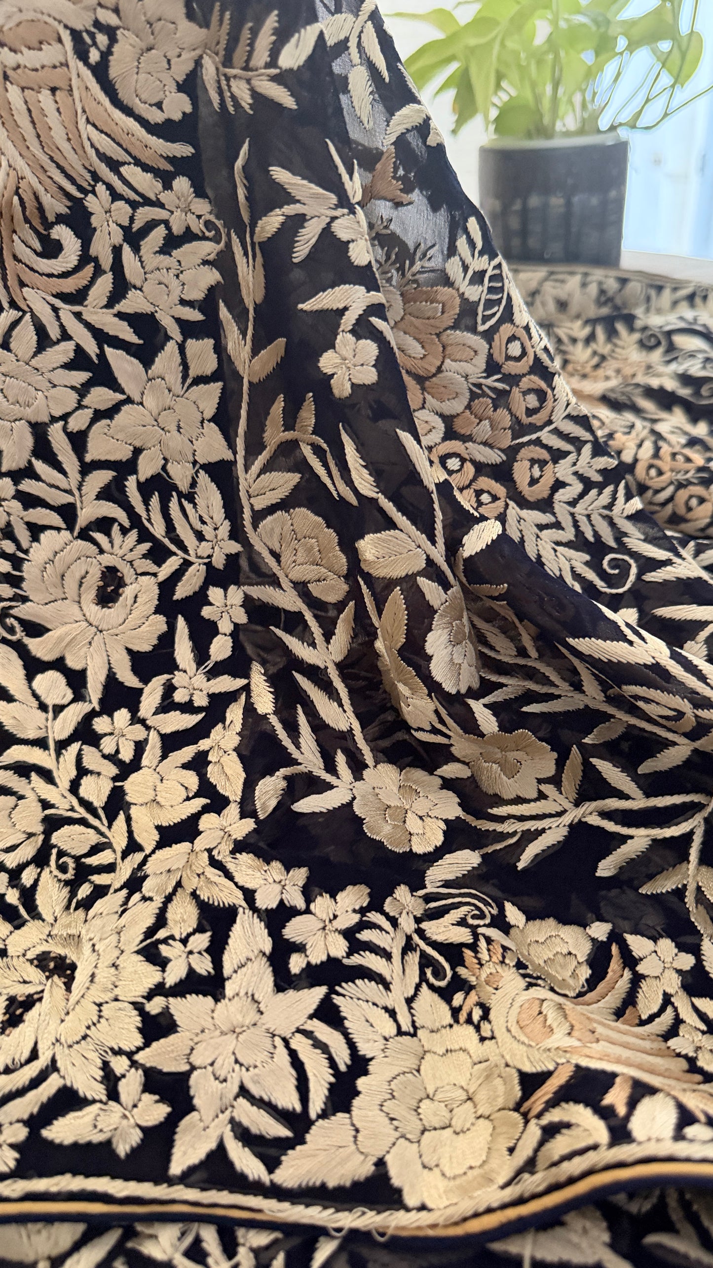 Elegant Navy Hand Embroidered Parsi Gara Dupatta