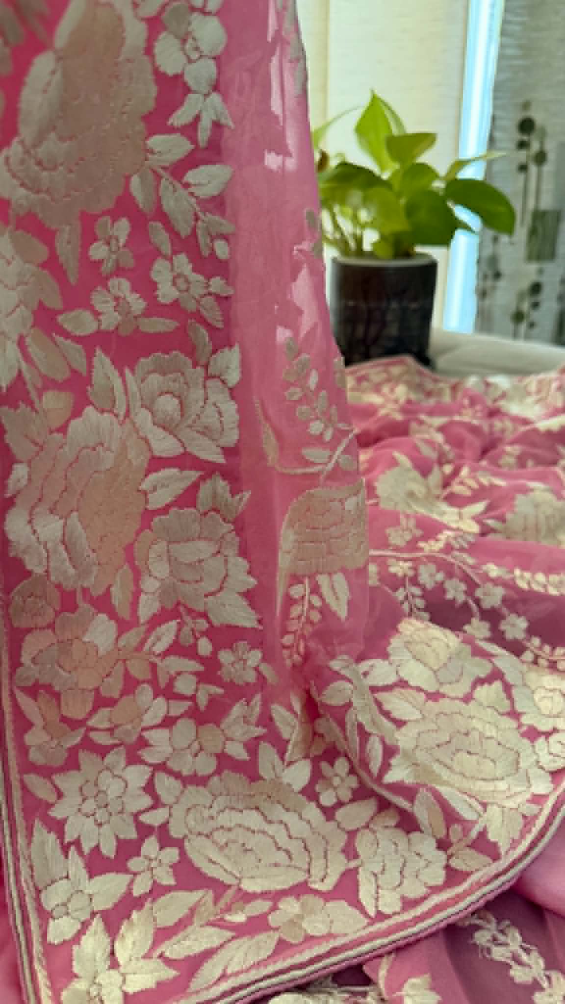 Elegant Pink & Ivory Parsi Gara Dupatta