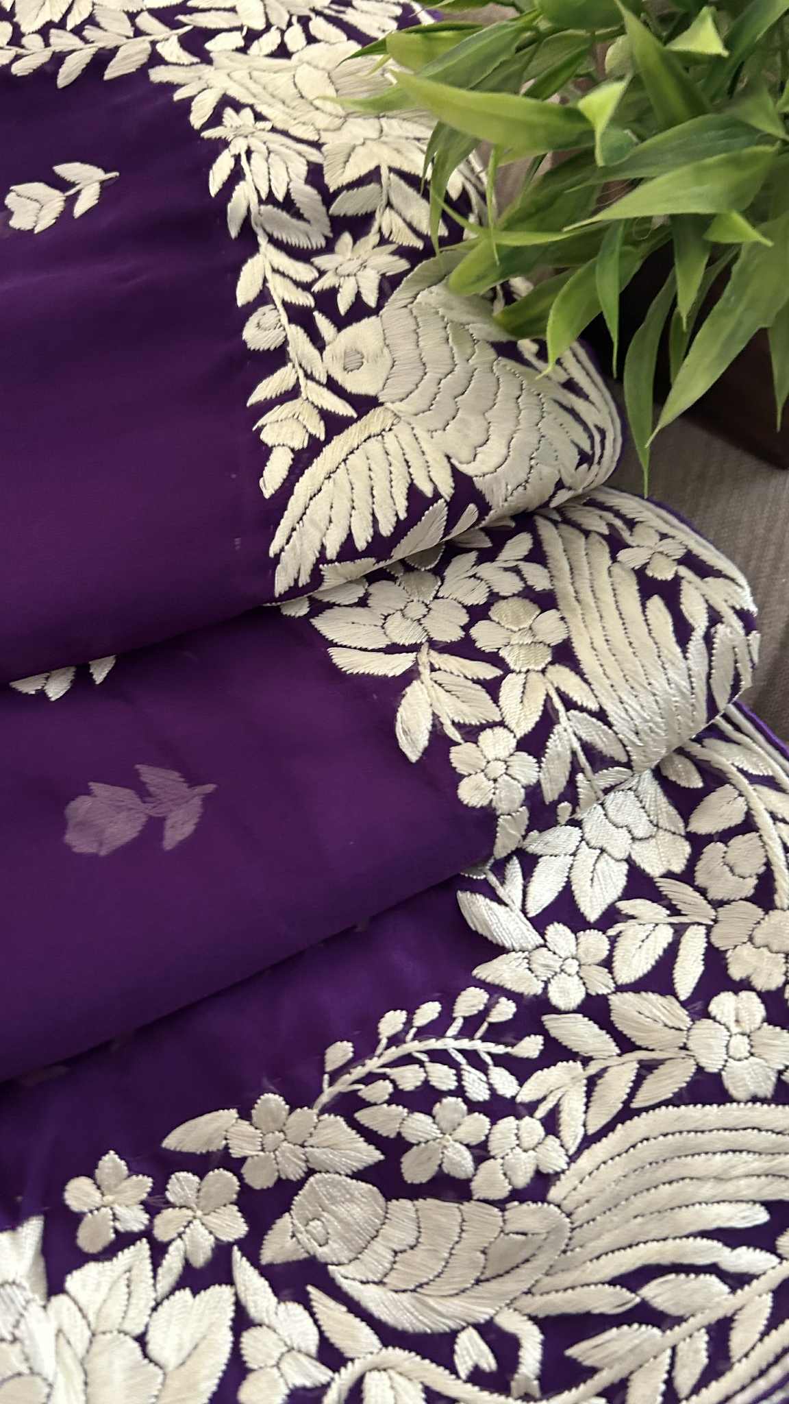 Ivory & Purple Parsi Gara Dupatta