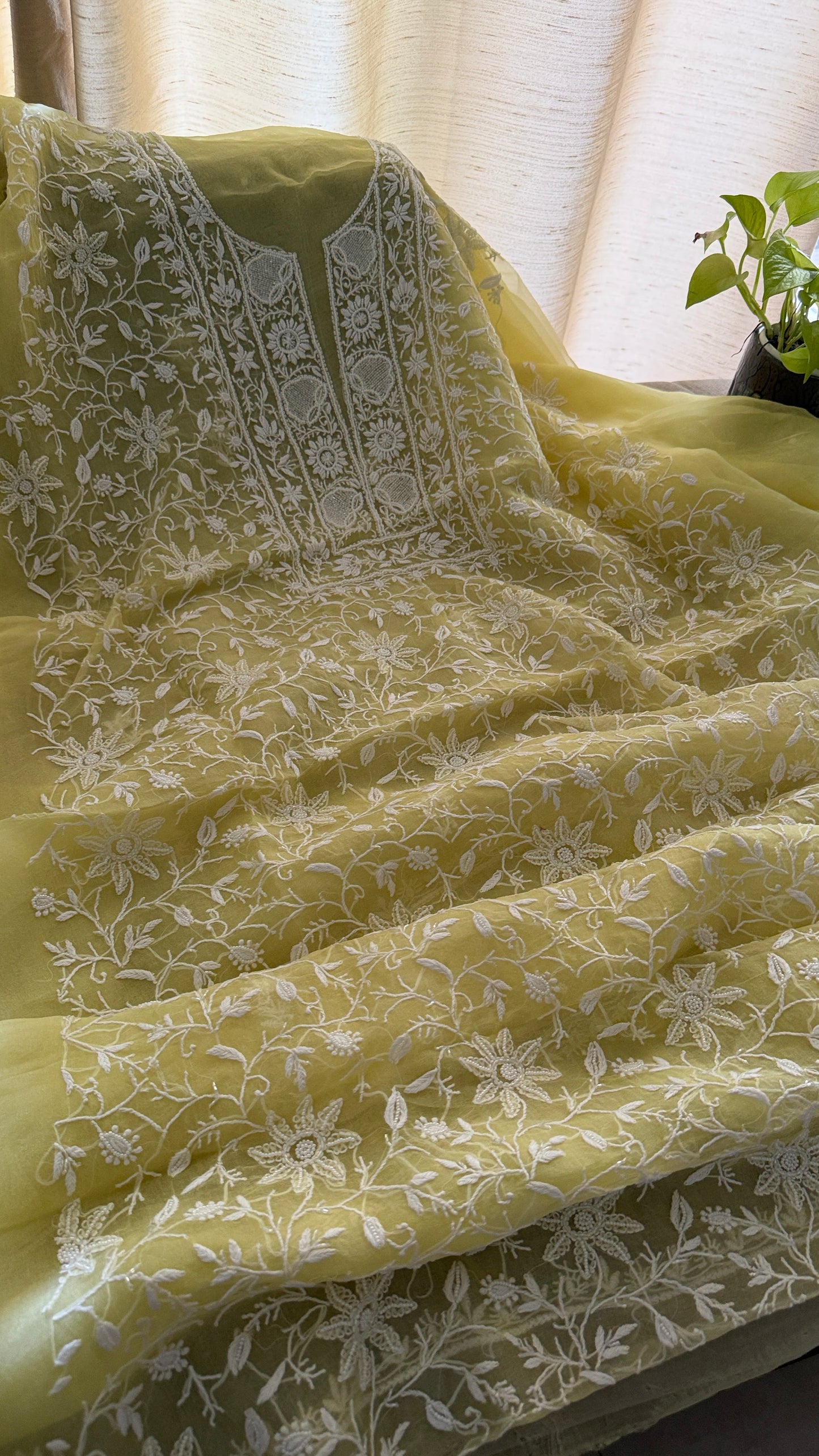Designer Yellow Organza Cut Dana Pearl Chikankari Suit