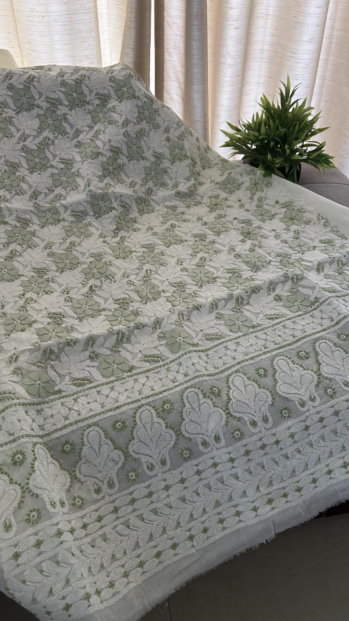Cream & Green Cotton Chikankari Kurti Fabric (Kurti Fabric)
