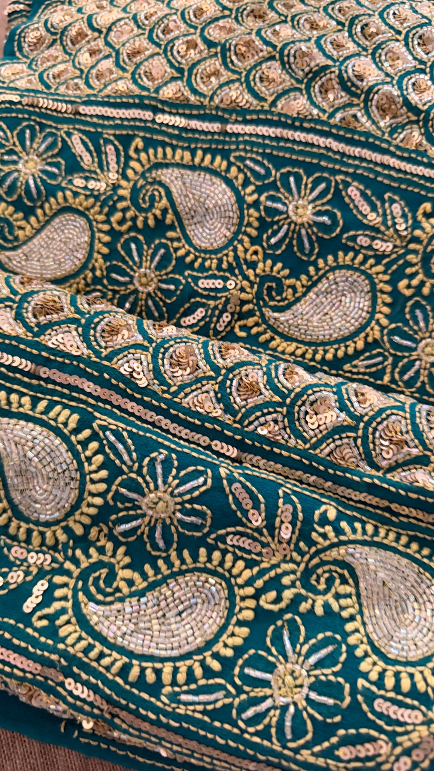 Masterpiece Green Gold Cut Dana Sequin Chikankari Suit (Kurta & Dupatta)