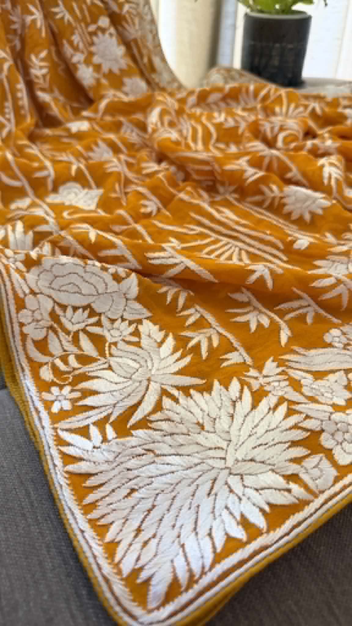 Elegant Mustard Yellow Parsi Gara Dupatta