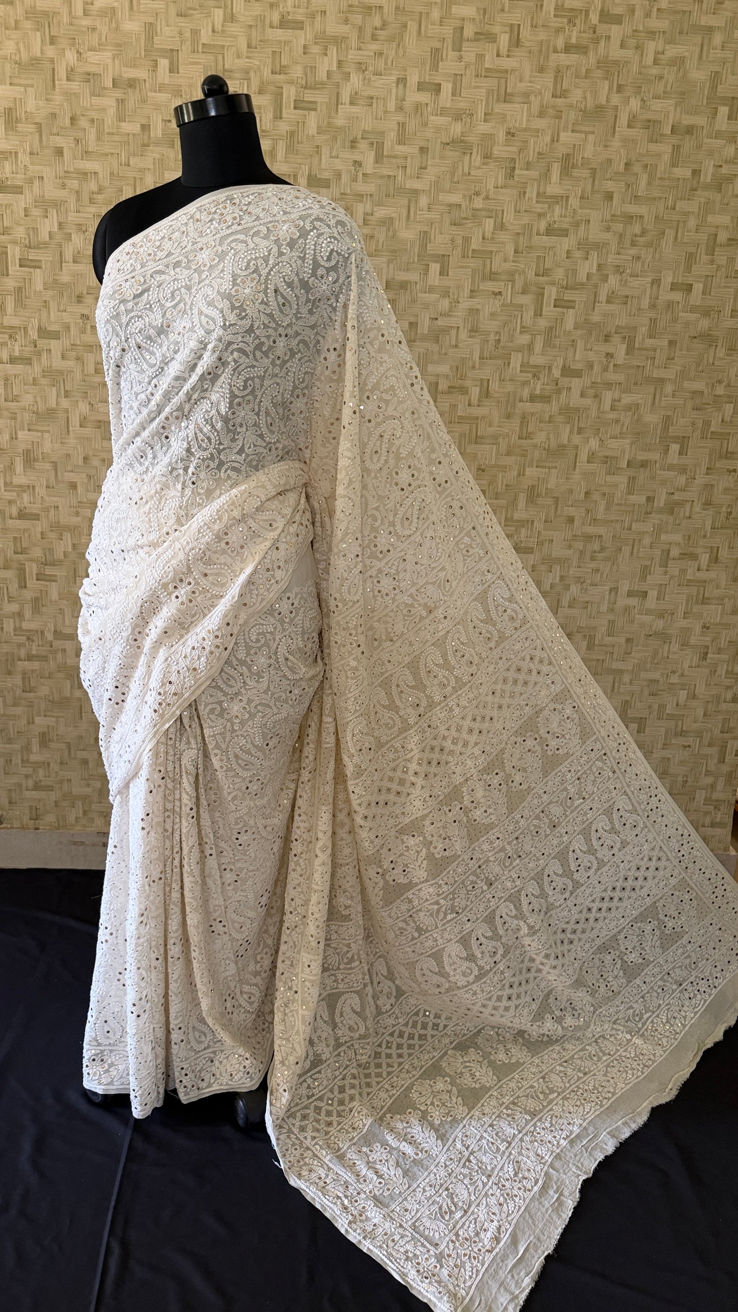 Pure Georgette Mukaish Chikankari Saree