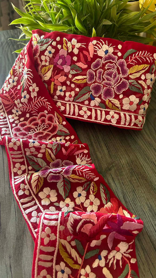 Exclusive Parsi Gara Hand Embroidered Border (Red)