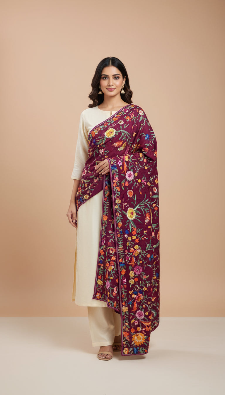 Crepe Silk Wine Parsi Gara Dupatta