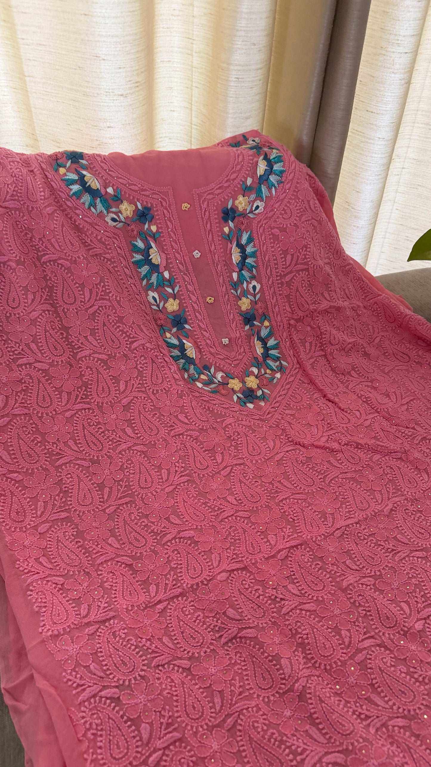 Chikankari Parsi Gara Neckline Kurta Dupatta Set