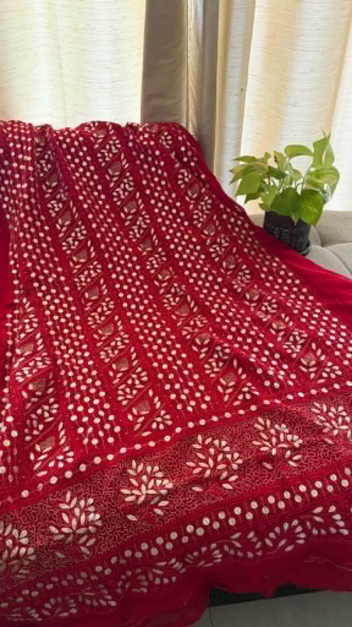 Red Gota Patti Unstitched Chikankari Suit (Kurta & Dupatta)