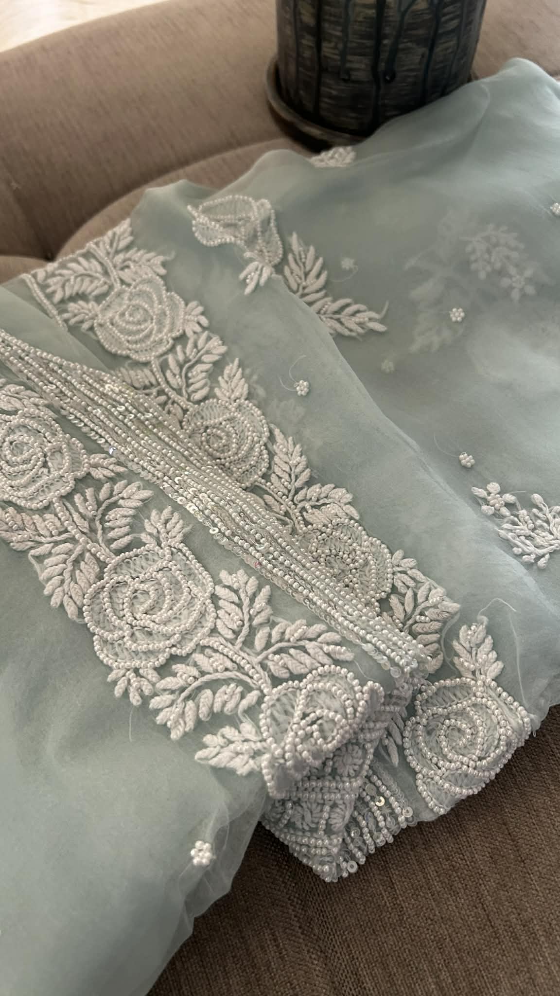 Exclusive Sage Green Organza Pearl Chikankari Suit