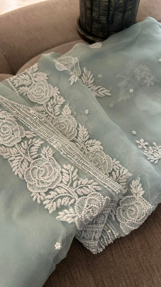 Exclusive Sage Green Organza Pearl Chikankari Suit