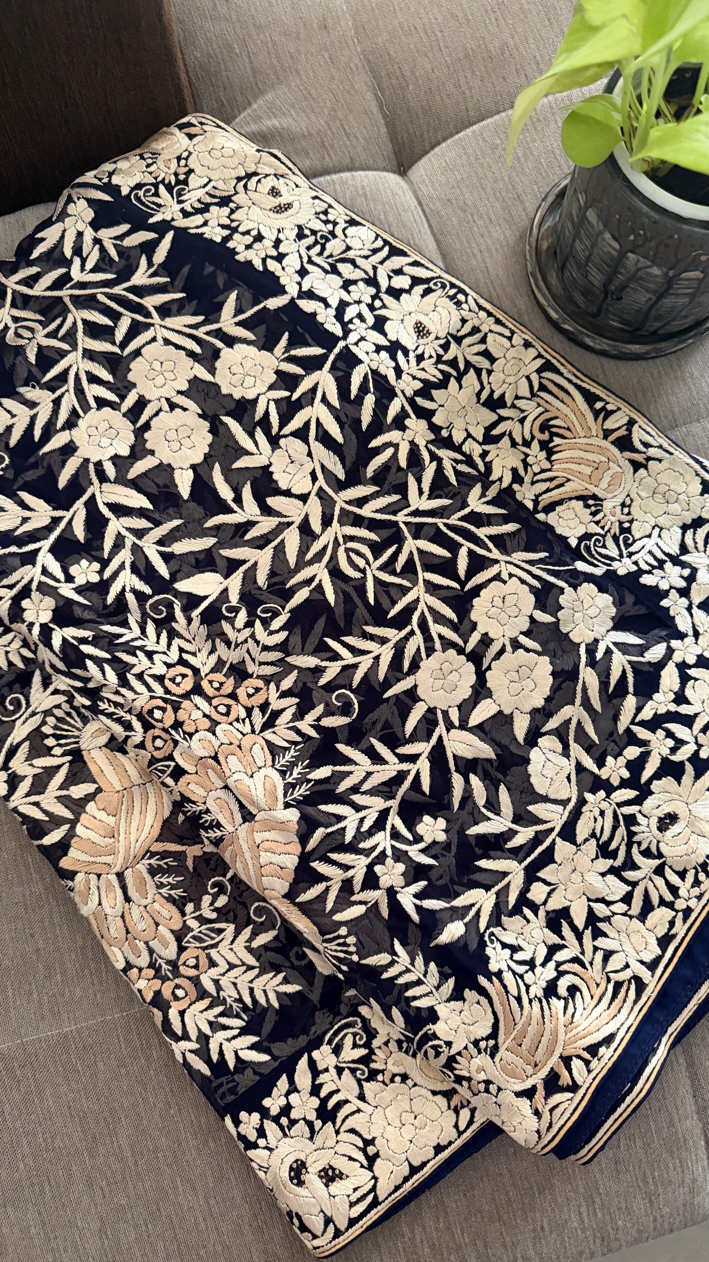 Elegant Navy Hand Embroidered Parsi Gara Dupatta