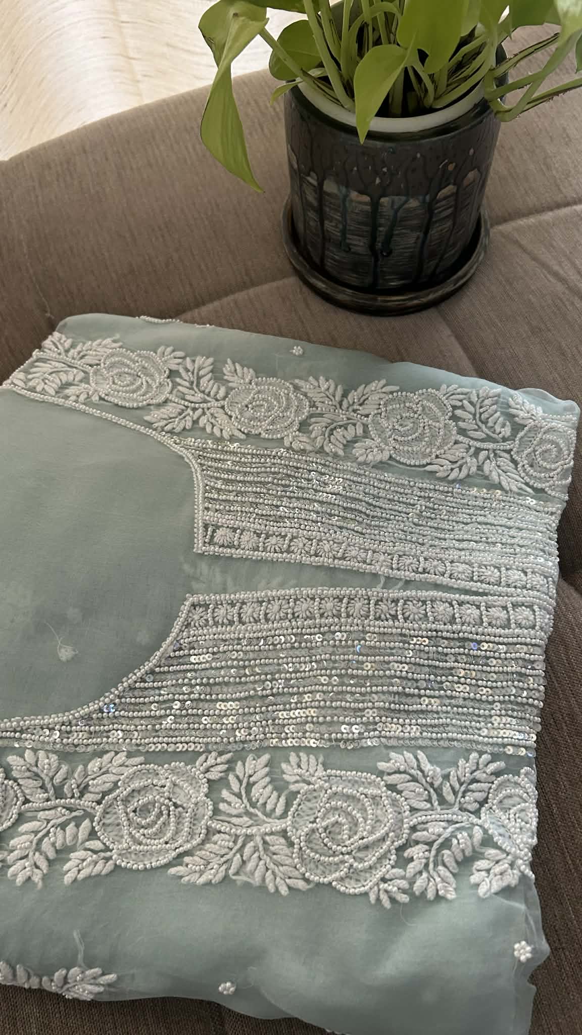 Exclusive Sage Green Organza Pearl Chikankari Suit