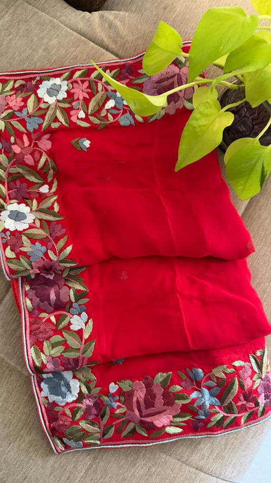 Artisanal Red Floral Parsi Gara Dupatta