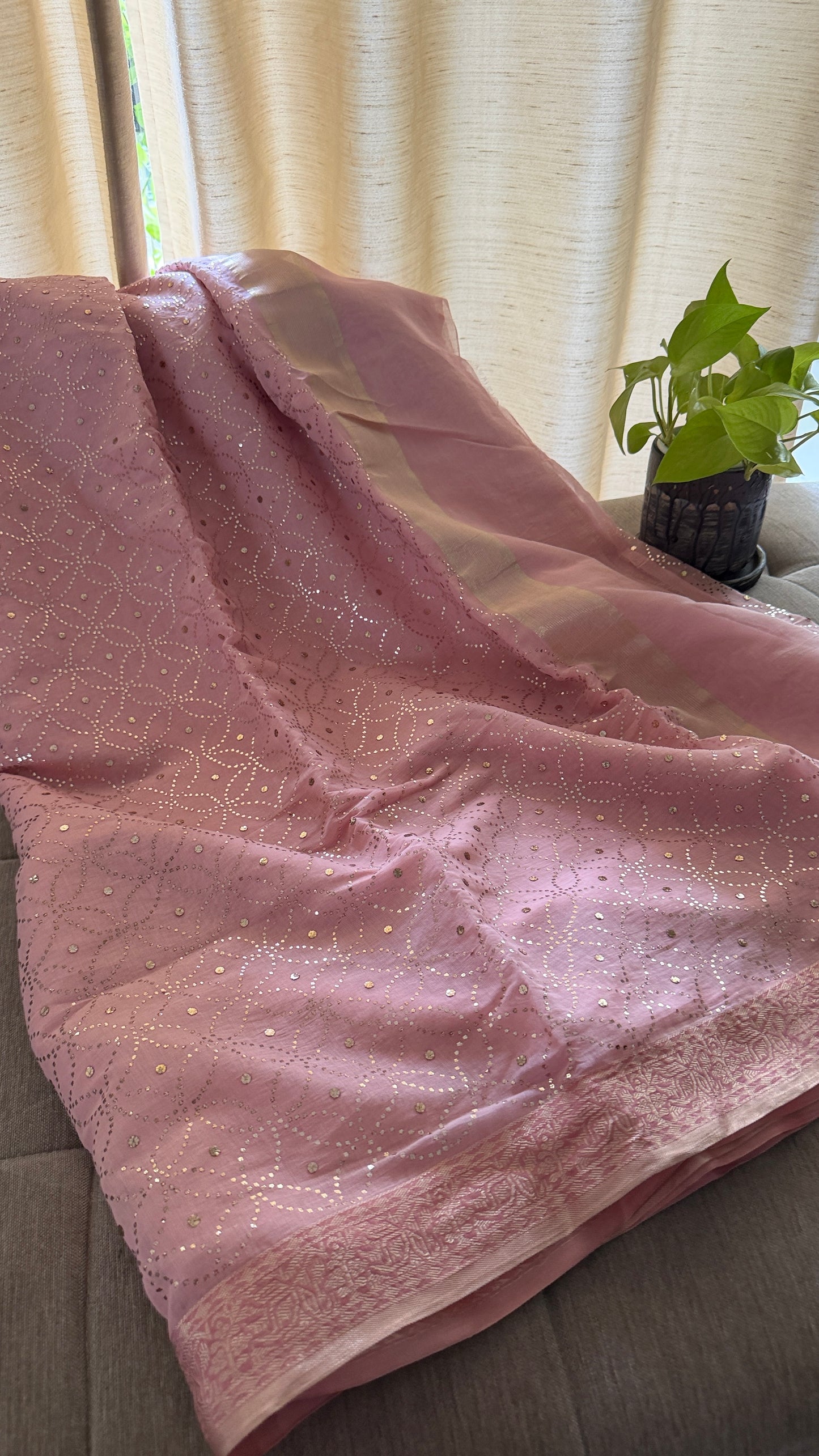 Baby Pink Cotton Chanderi Mukaish Saree for Women