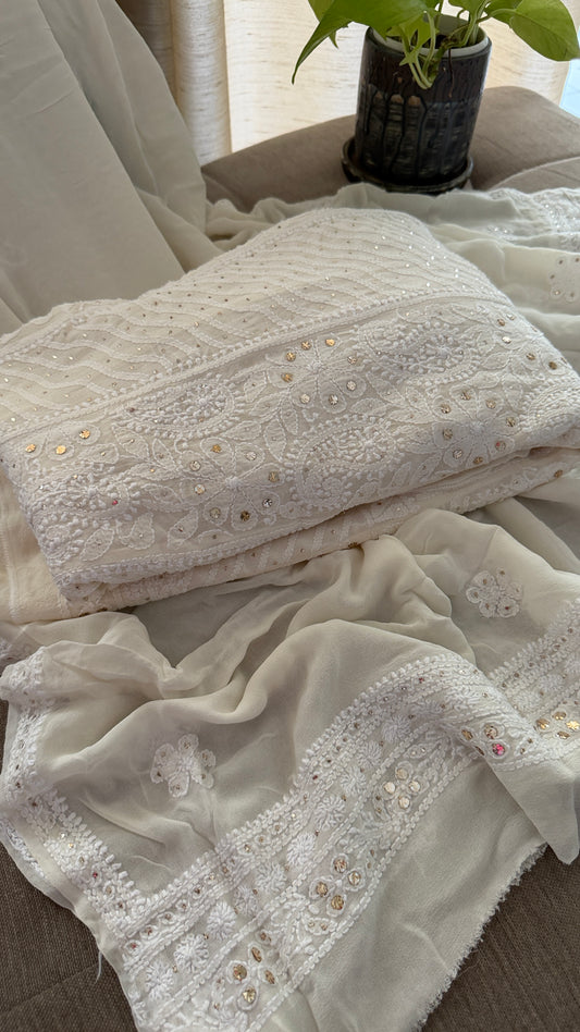 Ivory Kamdani Lucknowi Chikankari Anarkali Suit