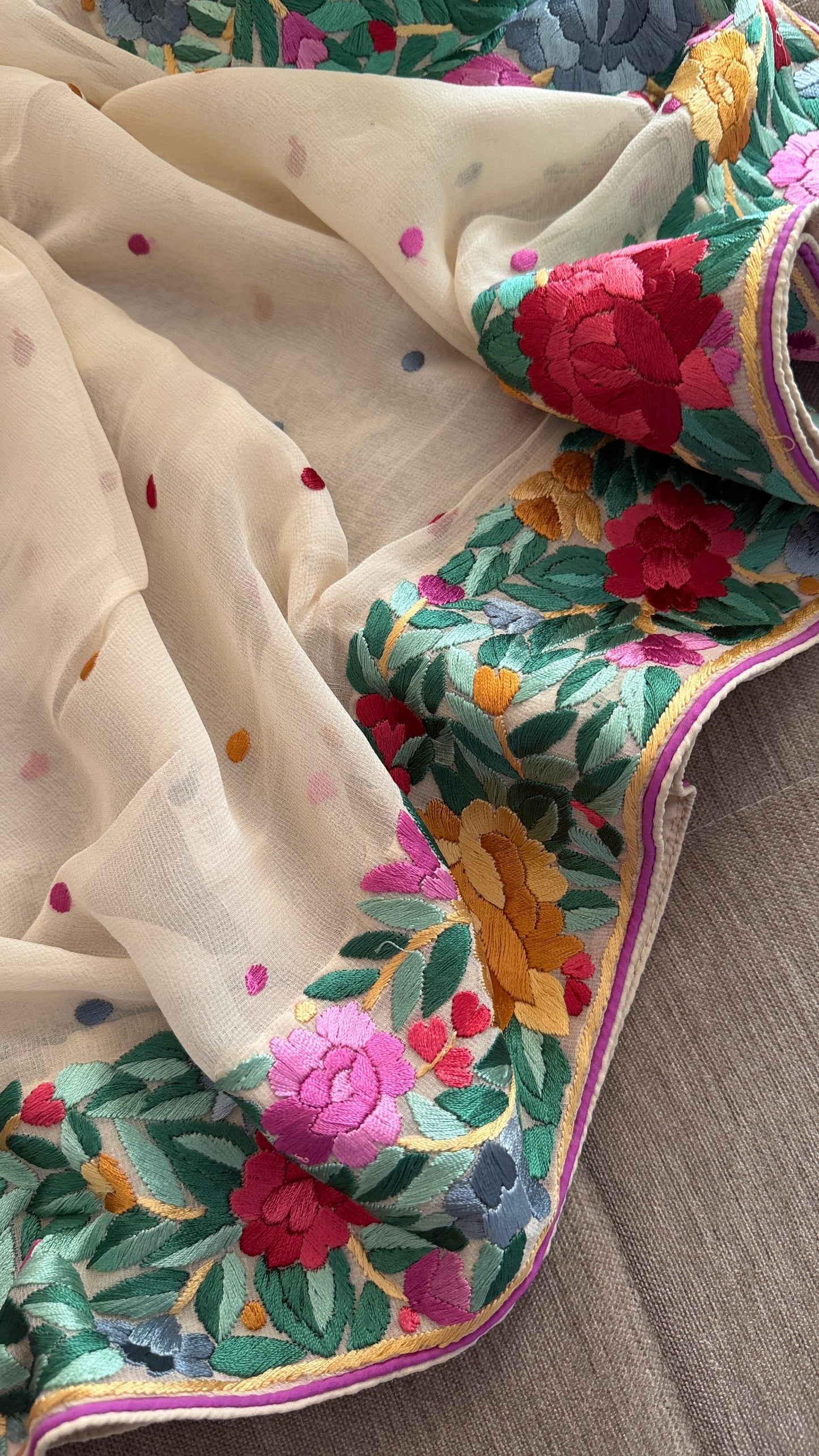 Artisanal Cream Multicolour Parsi Gara Dupatta