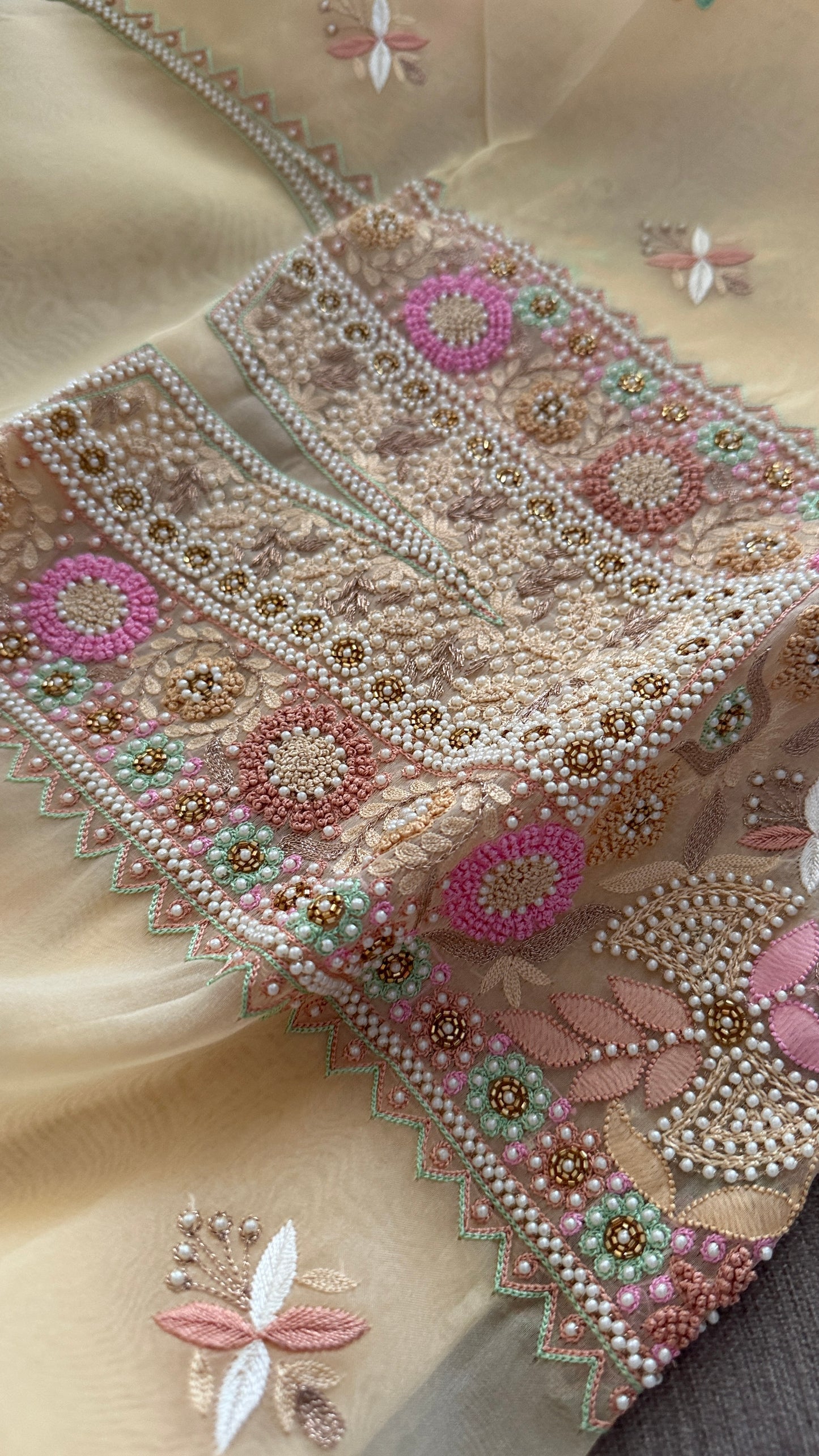 Exclusive Beige Organza Pearls Chikankari Suit