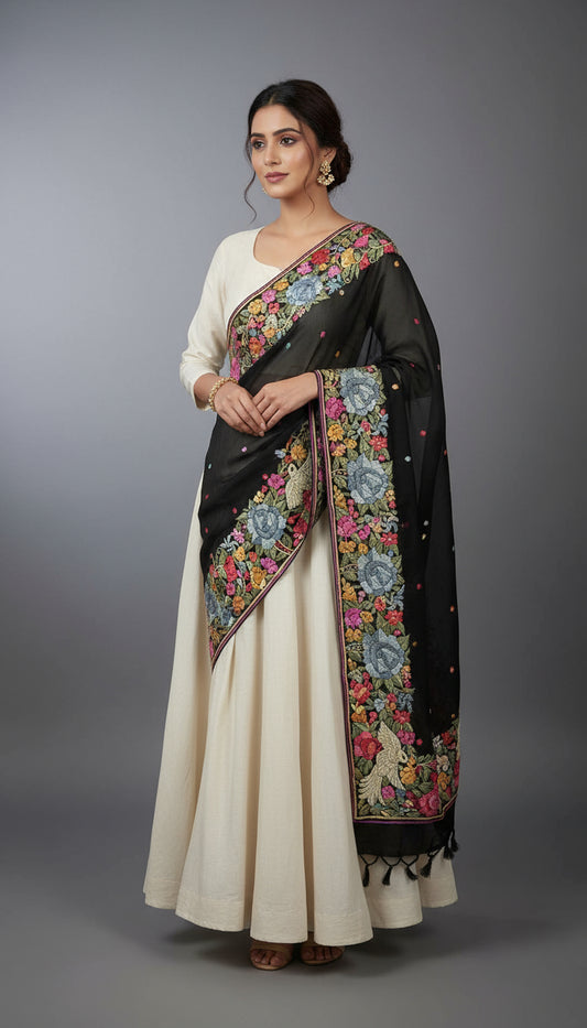 Embroidered fabric with colorful floral patterns on a black background