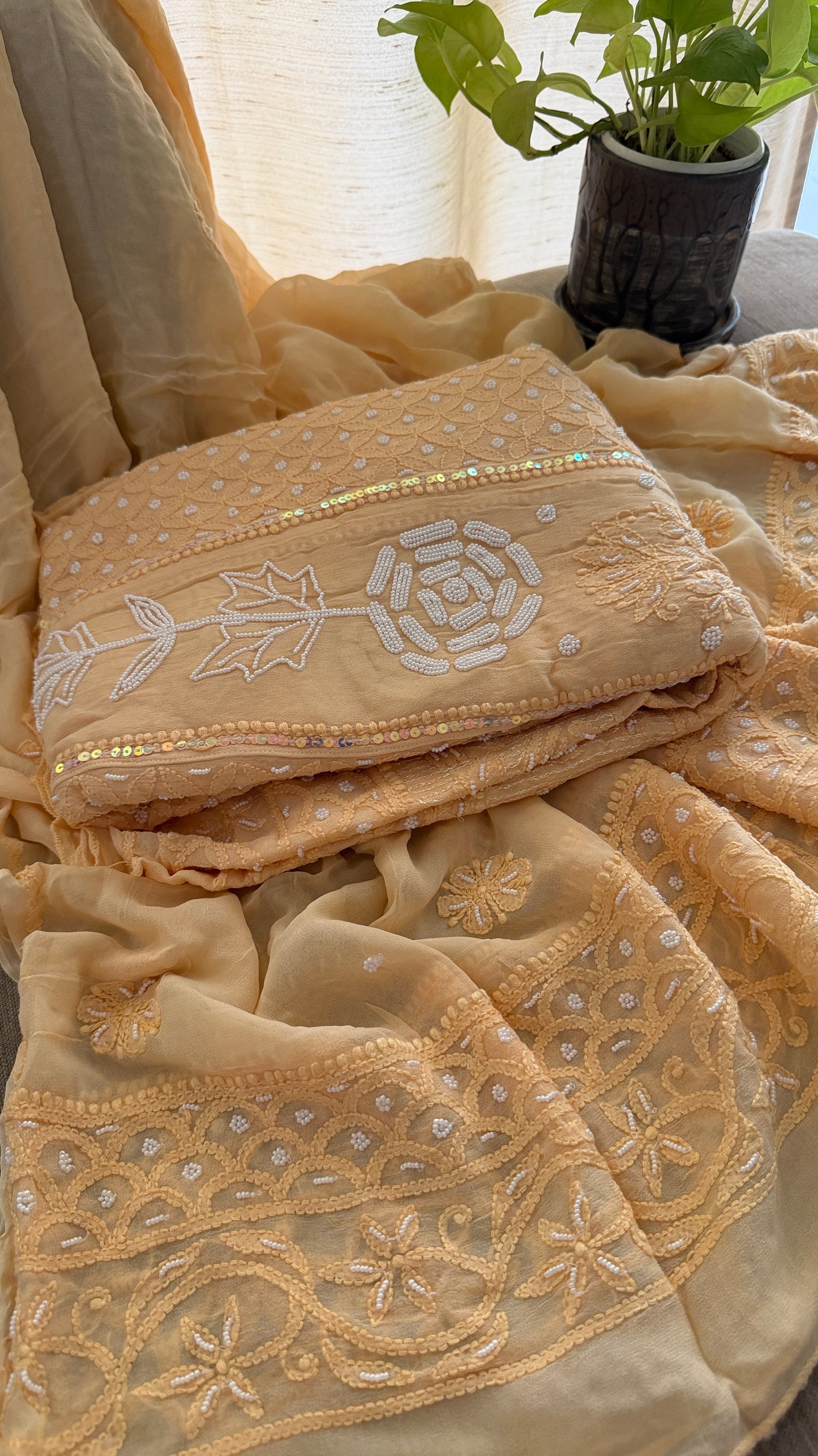 Beige Pearl Chikankari Anarkali Suit