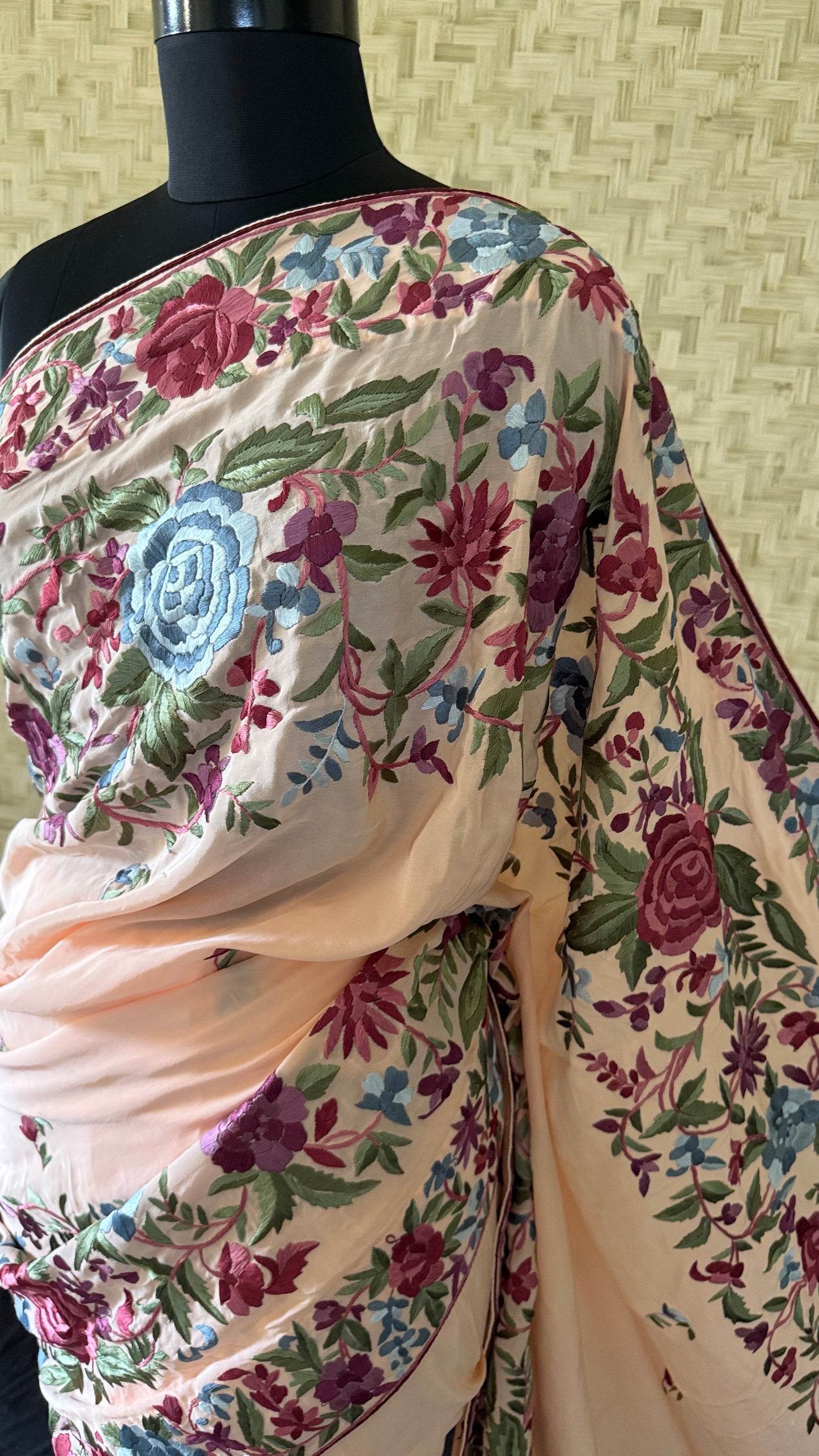 Heirloom Peach Parsi Gara Saree- Crepe silk