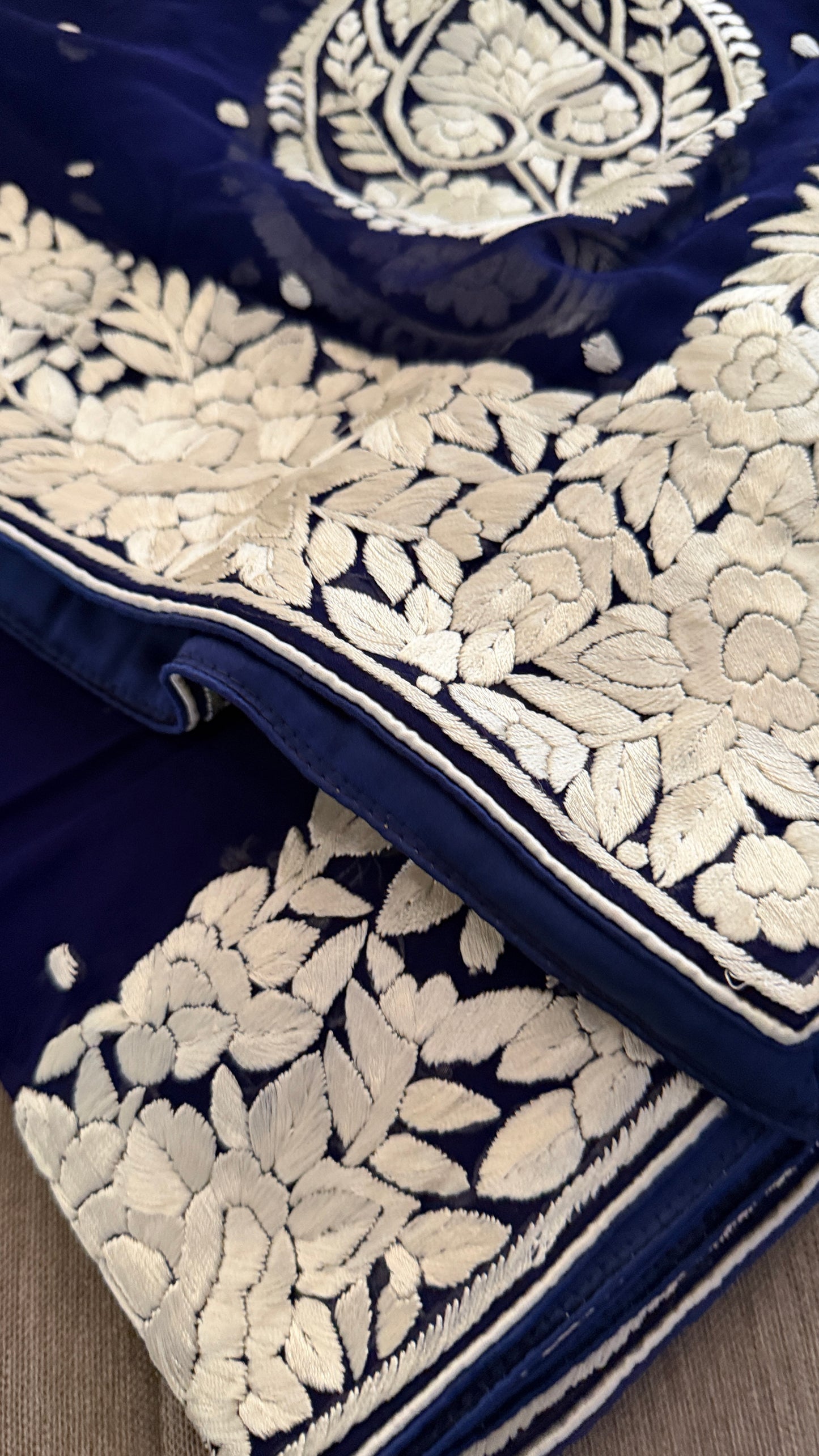 Heirloom Navy Ivory Pure Georgette Parsi Gara Dupatta