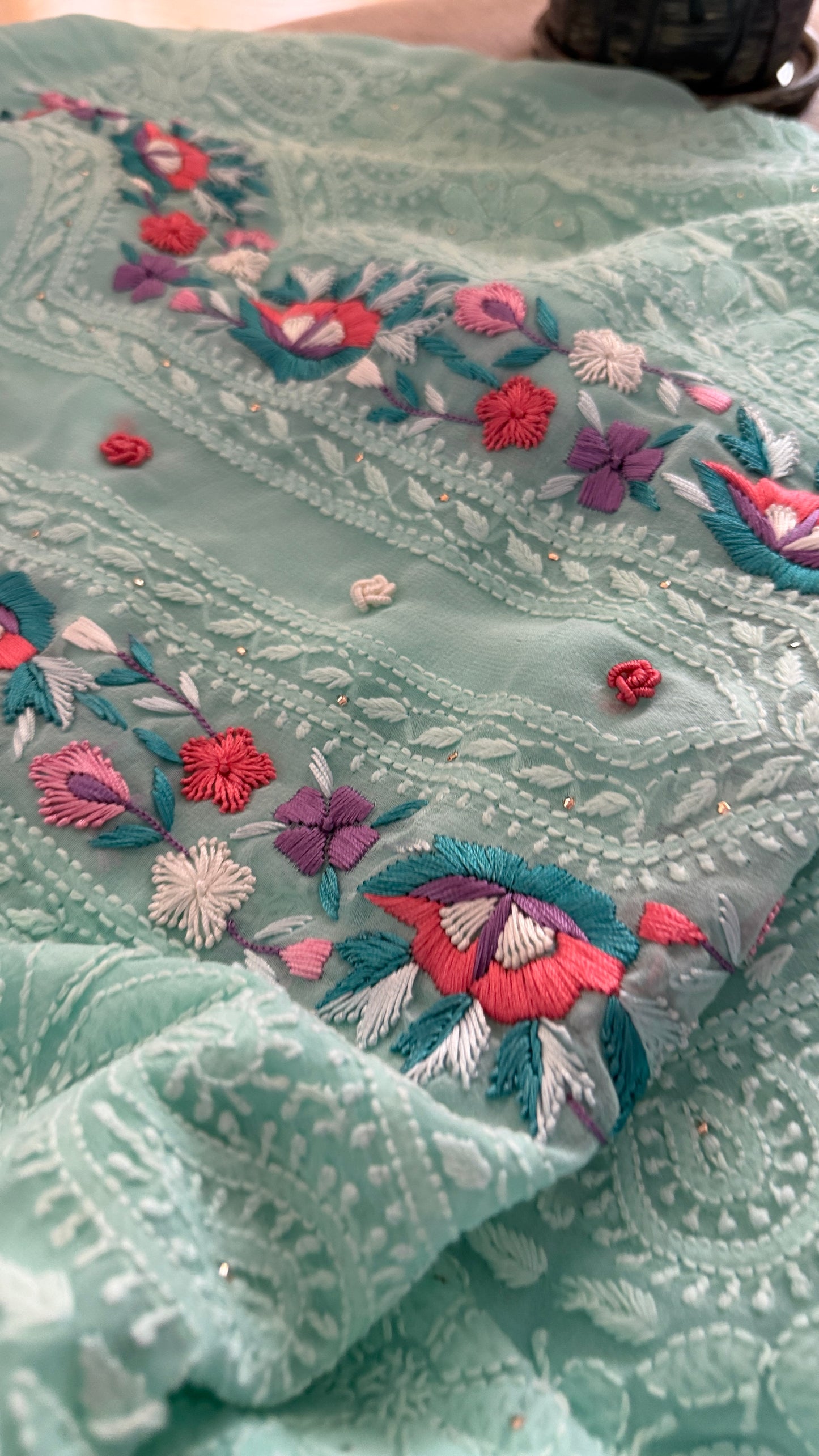 Sea Green Parsi Gara Chikankari Suit