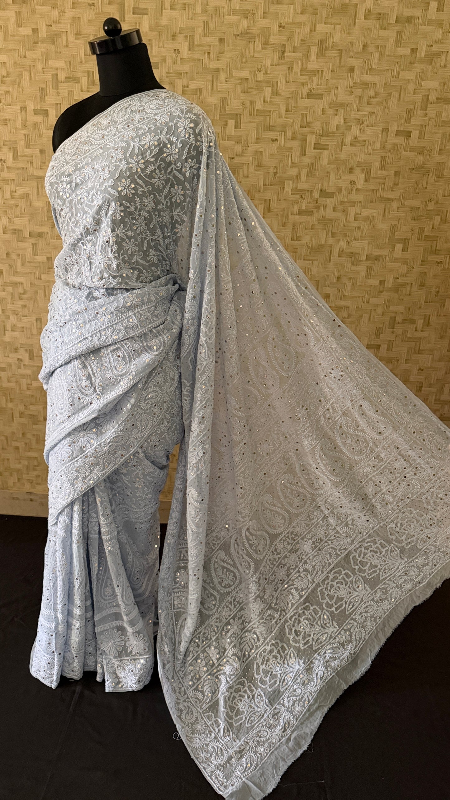 Powder Blue Mukaish Chikankari Saree