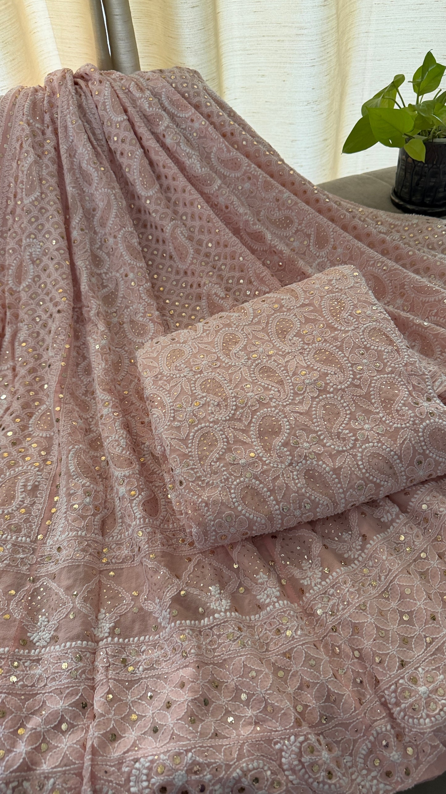 Pastel Pink Mukaish Chikankari Lehenga Set