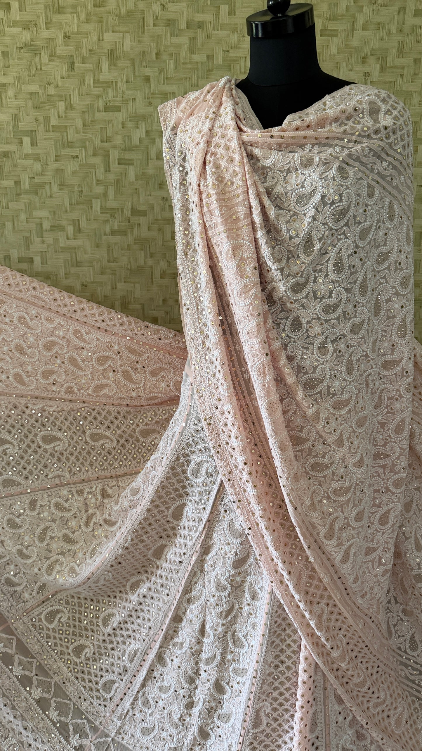 Pastel Pink Mukaish Chikankari Lehenga Set
