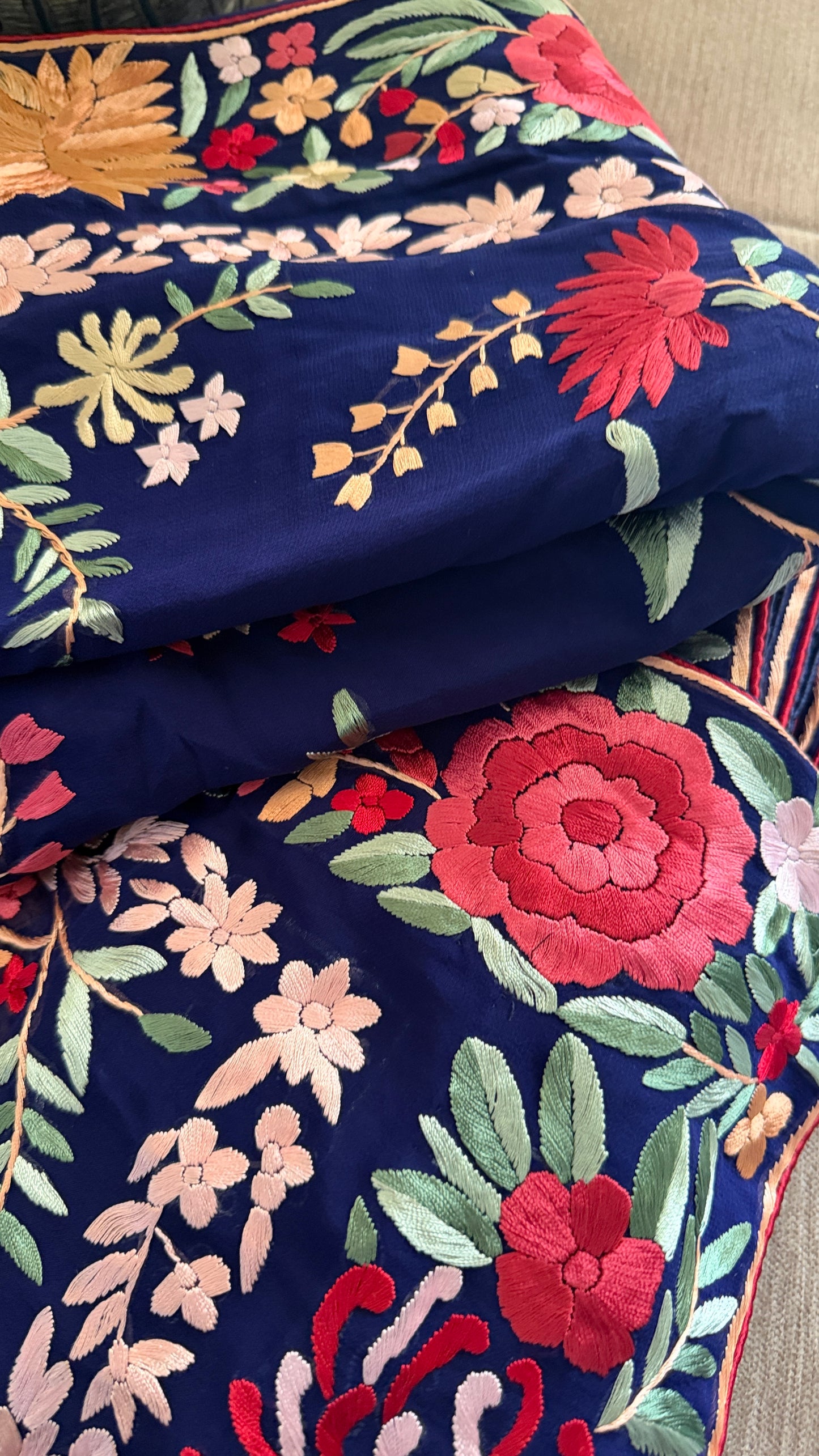 Navy Multicolour Floral Parsi Gara Saree