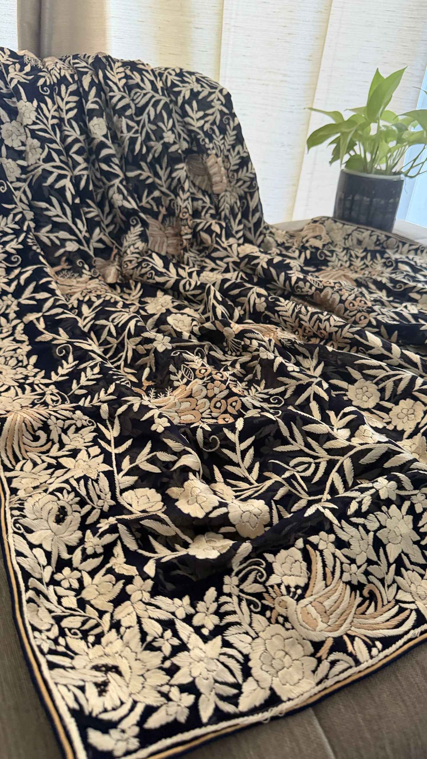 Elegant Navy Hand Embroidered Parsi Gara Dupatta