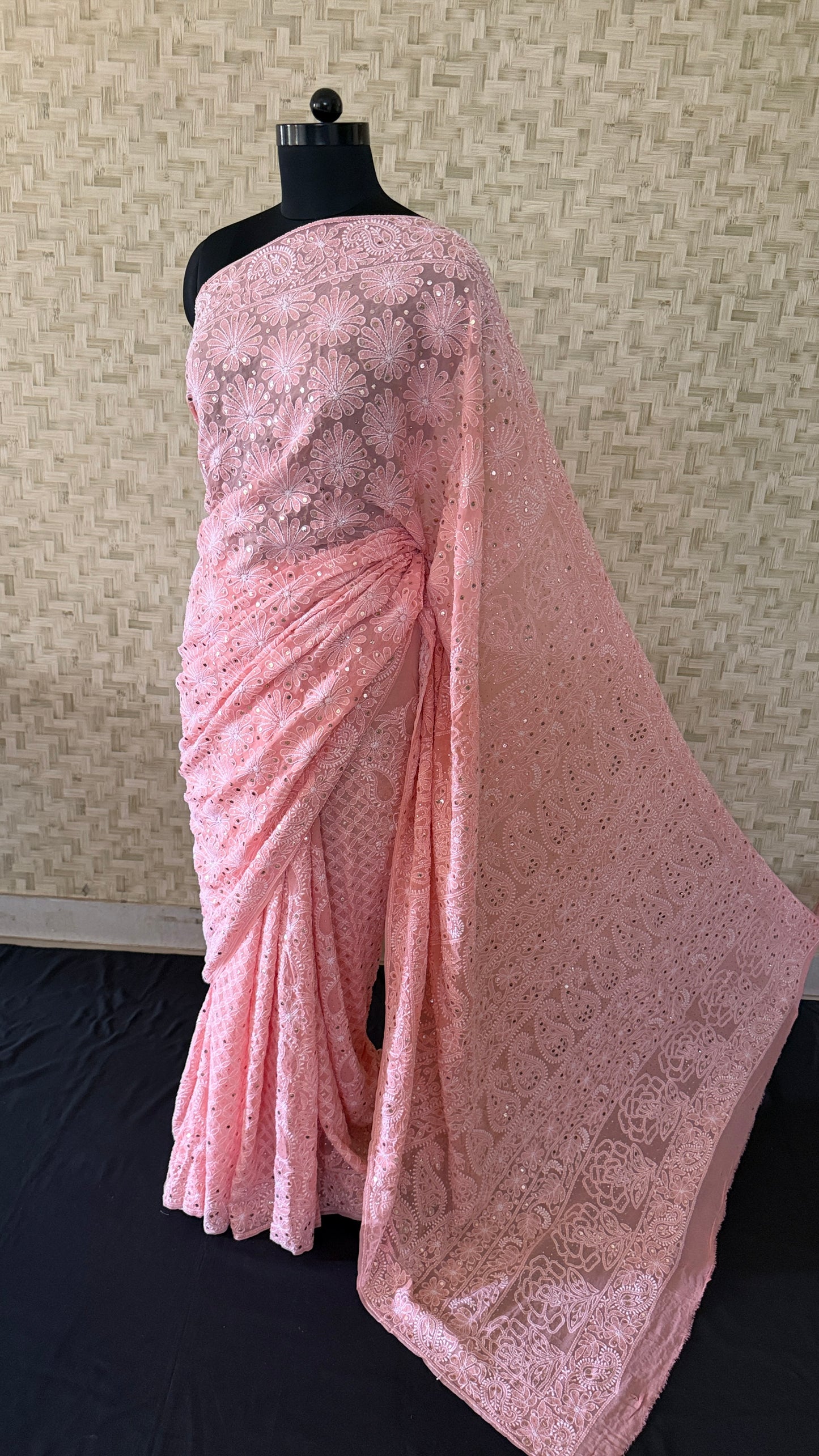 Peach Mukaish Chikankari Saree