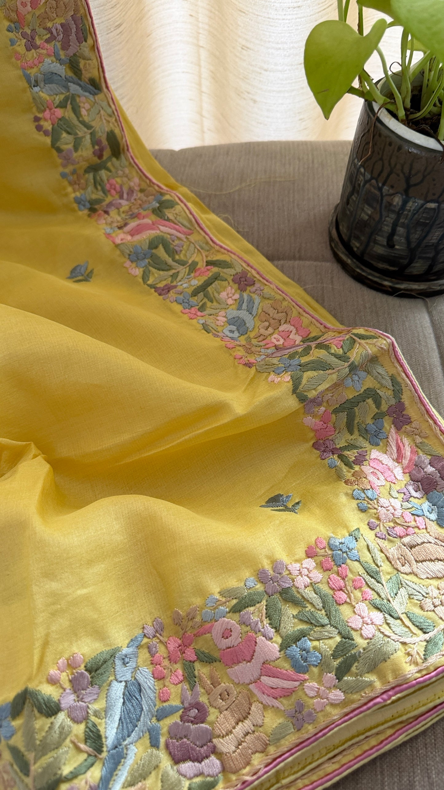 Designer Yellow Tussar Silk Parsi Gara Saree for Women