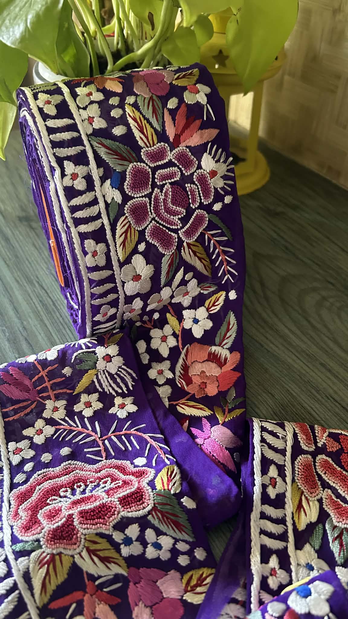Hand Embroidered Parsi Gara Lace – Royal Purple Floral Border (9 Meter)