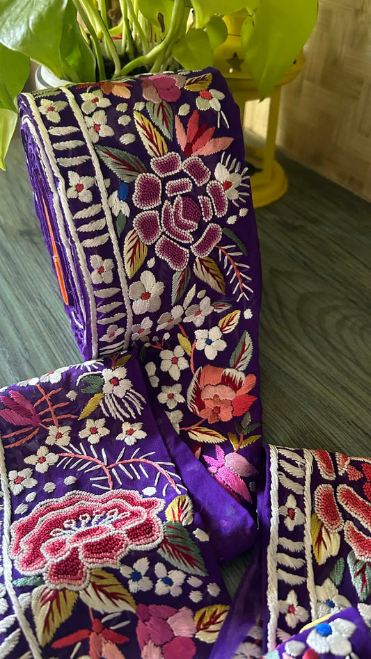 Hand Embroidered Parsi Gara Lace – Royal Purple Floral Border (9 Meter)