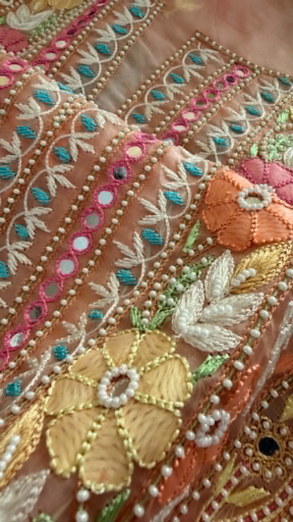 Luxury Pearl Handcrafted Organza Chikankari Suit- Peach