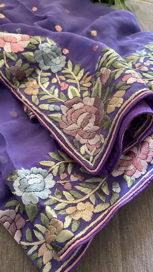 Designer Purple Parsi Gara Hand Embroidered Dupatta