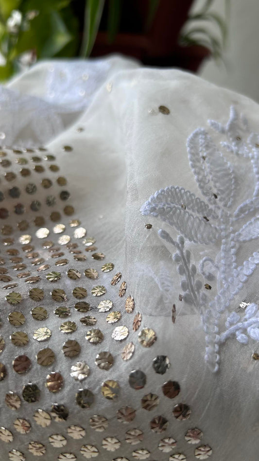 Ivory White Organza Chikankari & Mukaish Saree