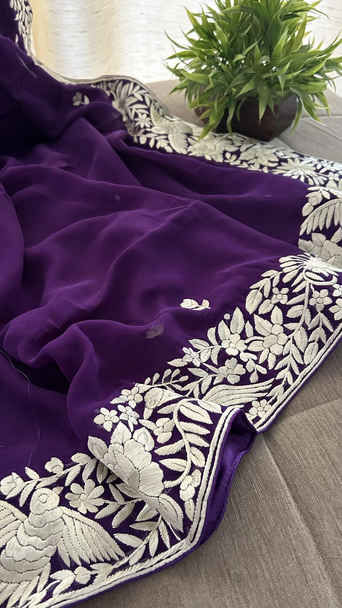 Ivory & Purple Parsi Gara Dupatta
