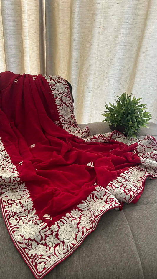 Artisanal Red Parsi Gara Dupatta