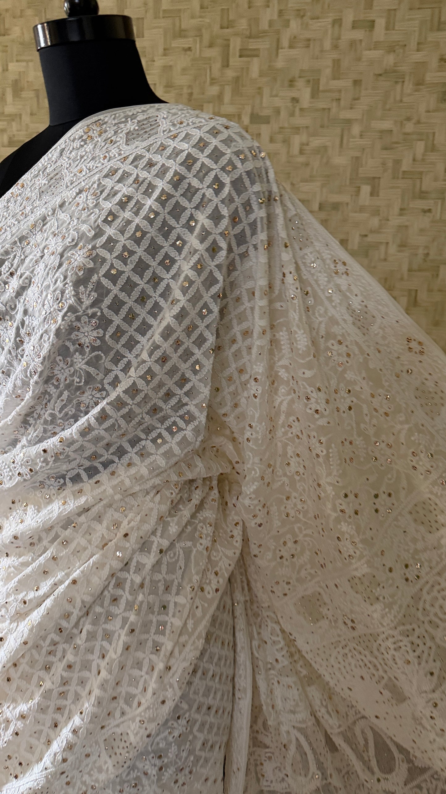 Ivory Pure Georgette Mukaish Chikankari Saree