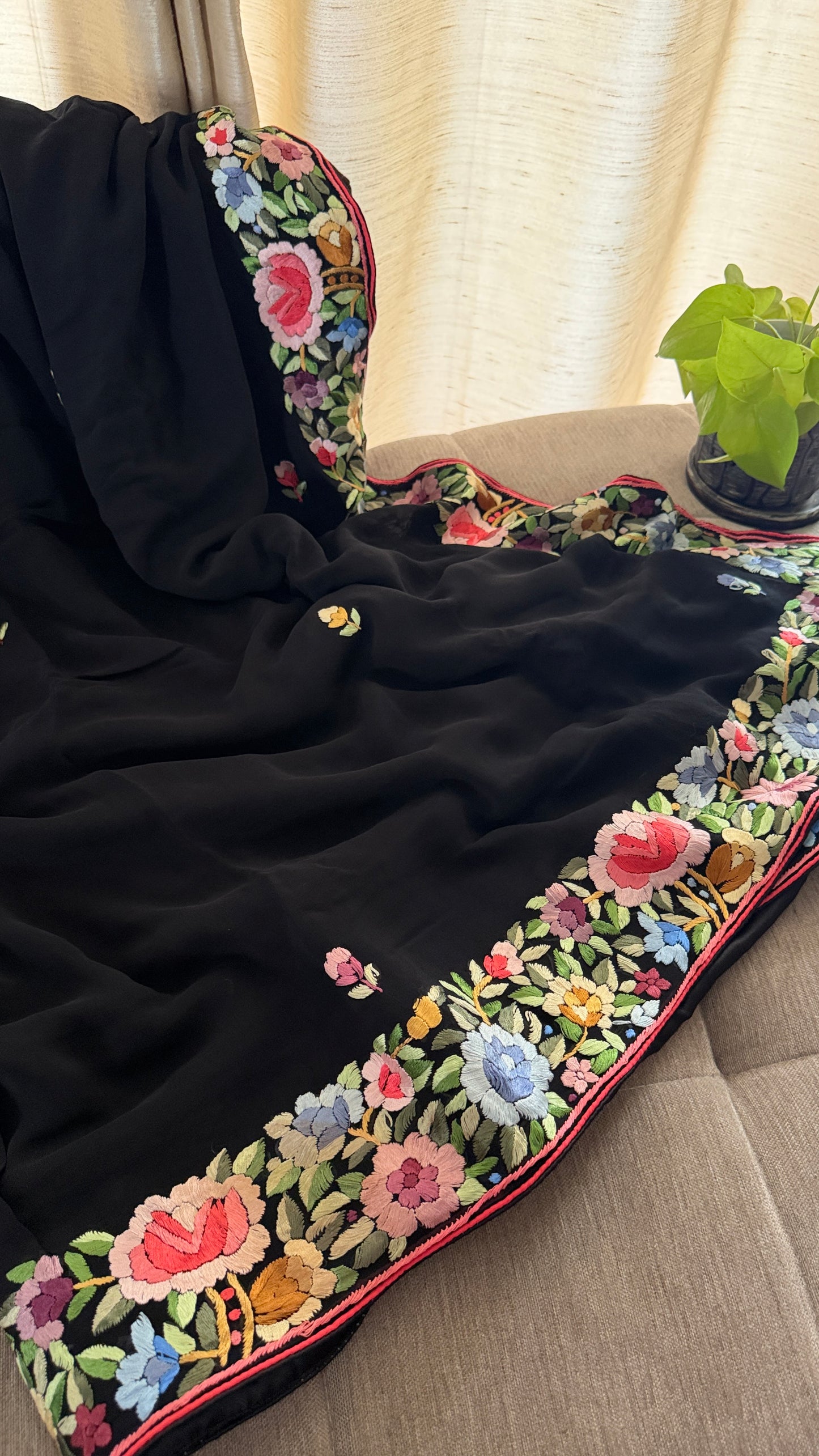 Black Parsi Gara Pure Georgette Saree
