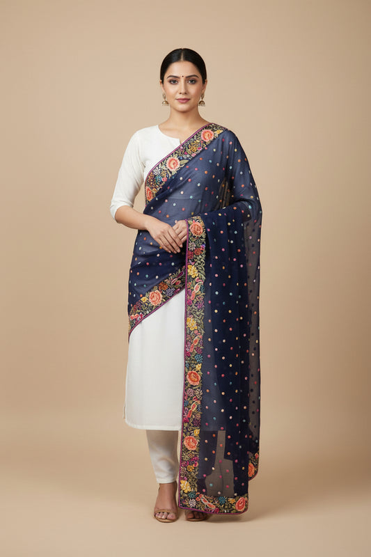 Pre Order Navy Multicolour Parsi Gara Dupatta