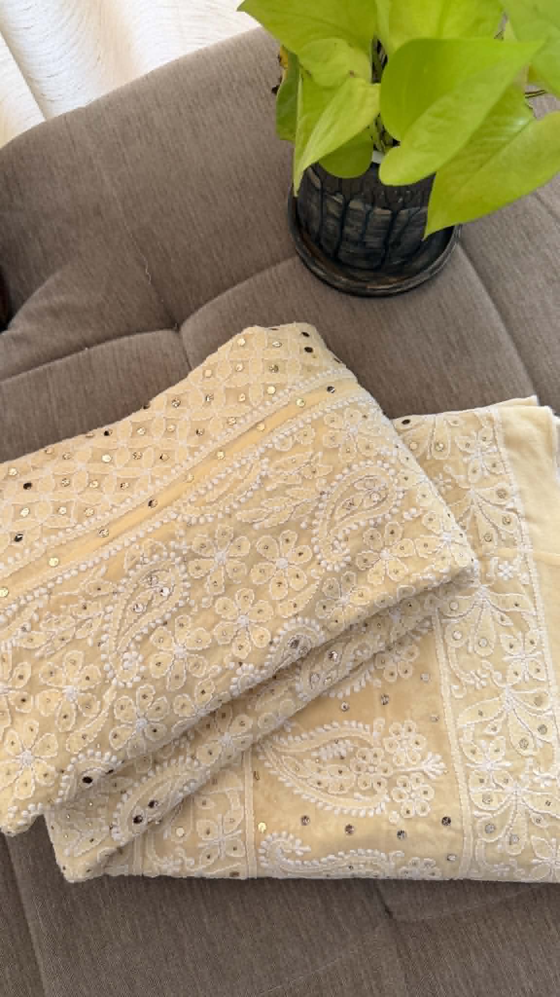 Beige Mukaish Chikankari Lehenga Skirt (Lehenga Only)