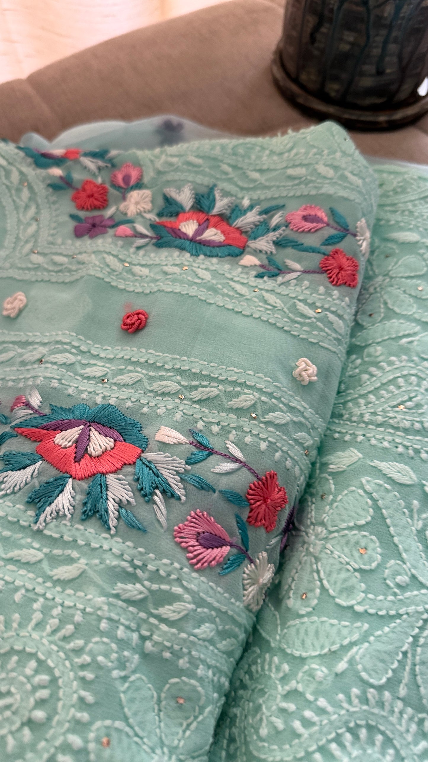 Sea Green Parsi Gara Chikankari Suit