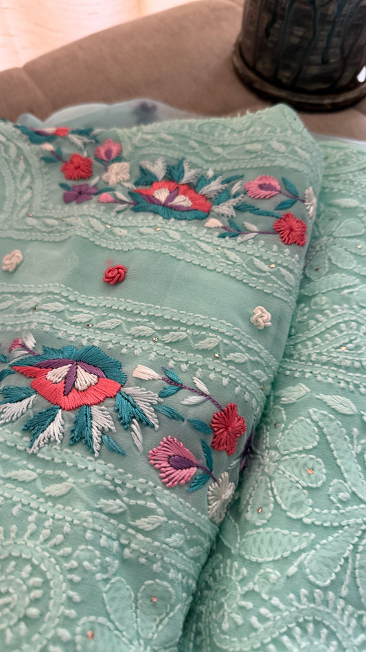 Sea Green Parsi Gara Chikankari Suit