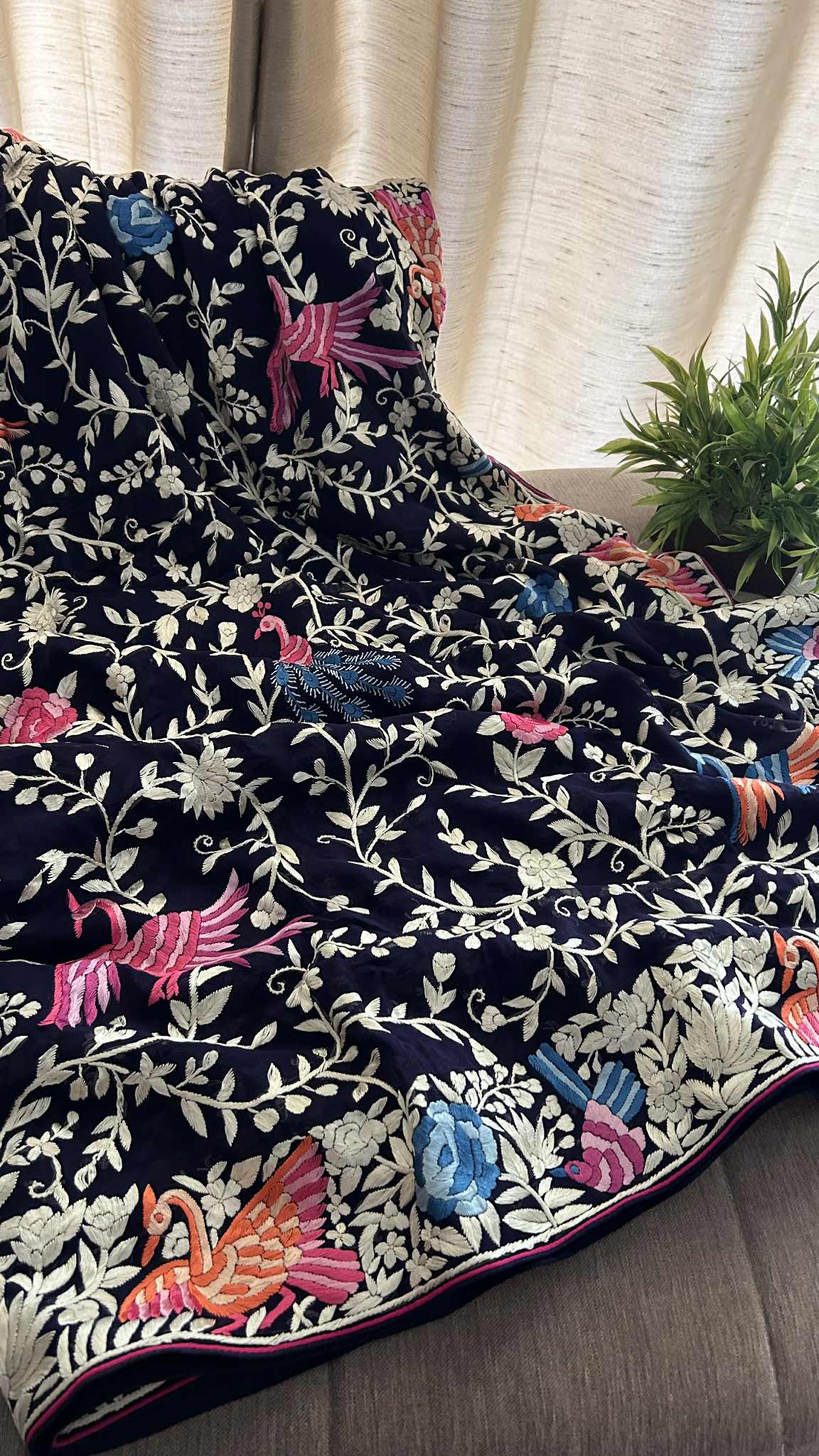 Designer Navy Multicolor Parsi Gara Saree