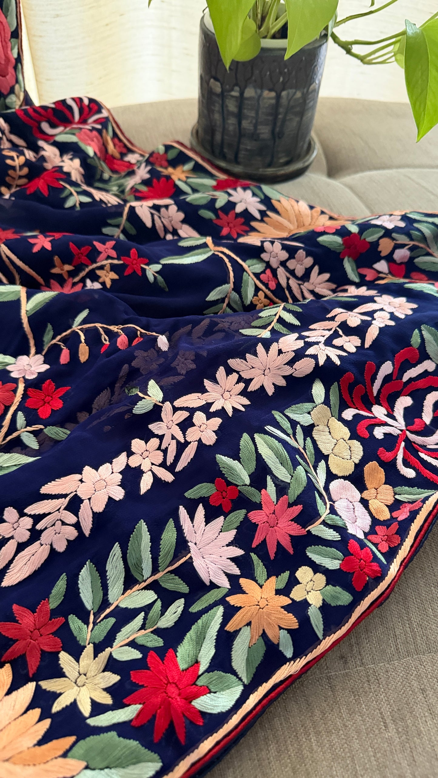 Navy Multicolour Floral Parsi Gara Saree