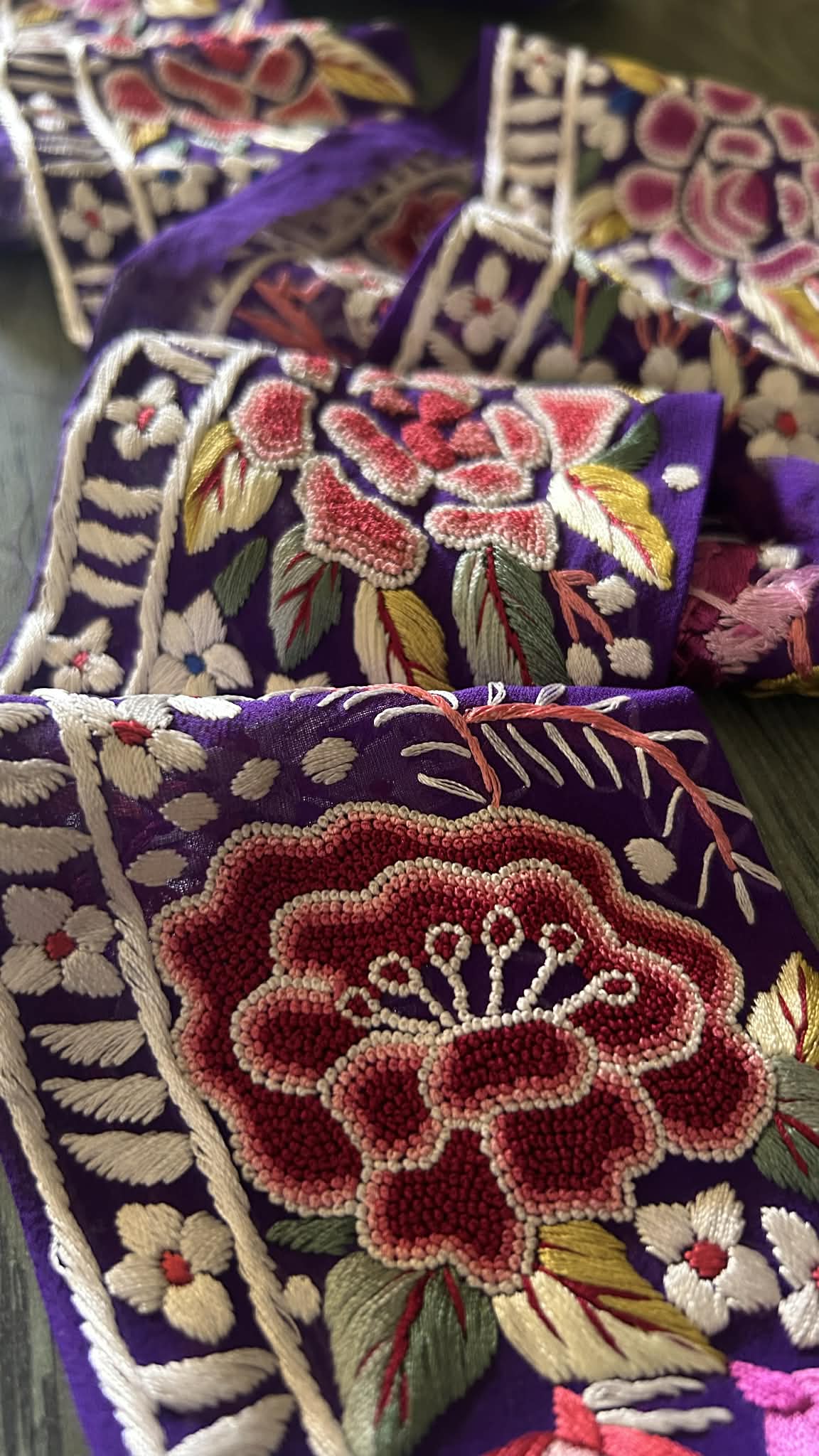 Hand Embroidered Parsi Gara Lace – Royal Purple Floral Border (9 Meter)