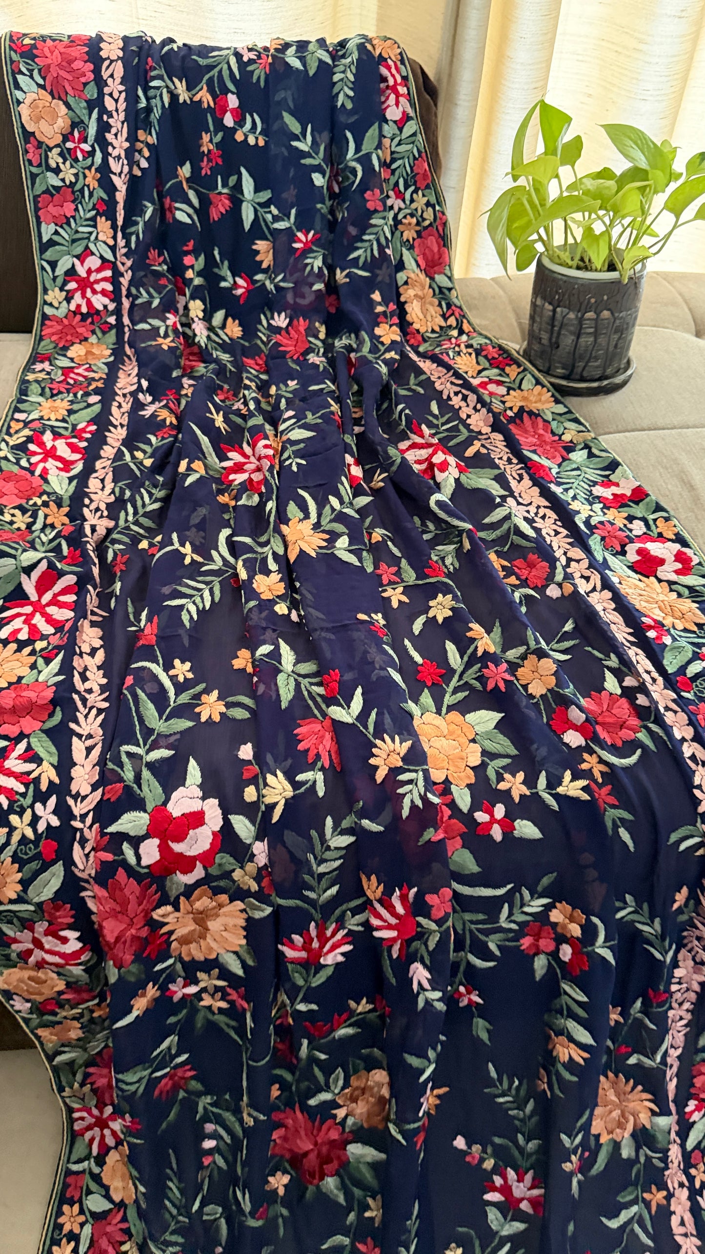 Heirloom Navy Floral Parsi Gara Dupatta